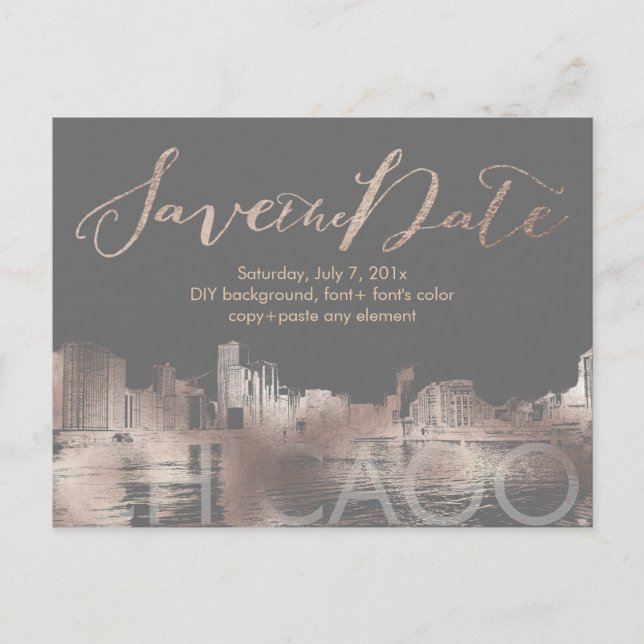 PixDezines/Save Date/Rose Gold/Chicago Lakeshore Announcement Postcard (Front)