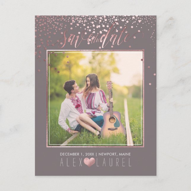 PixDezines Save th Date/Faux Rose Gold Confetti Announcement Postcard (Front)