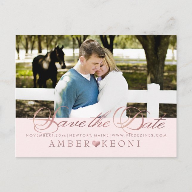 PixDezines Save the Date/Faux Rose Gold/Fun Script Announcement Postcard (Front)