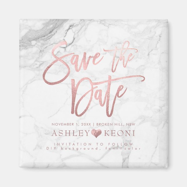 PixDezines Save the Date/Faux Rose Gold+Marble Magnet (Front)