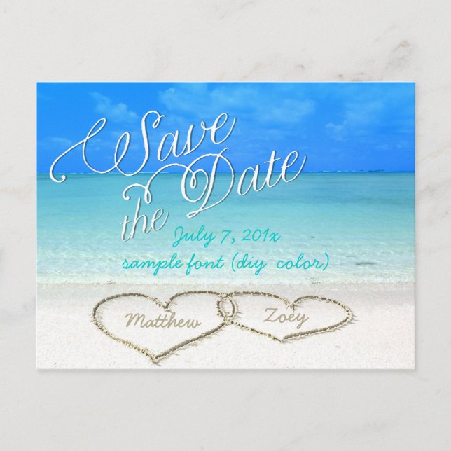 PixDezines/save the date/hearts/sand Announcement Postcard (Front)