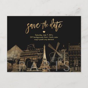 PixDezines/Save the Date Paris Skyline/Faux Gold Announcement Postcard