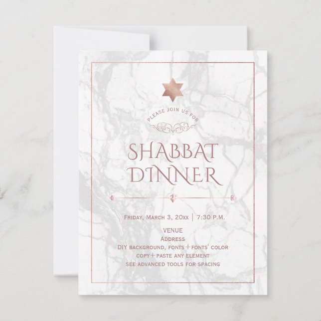PixDezines Shabbat Dinner Marble+Rose Gold Invitation (Back)