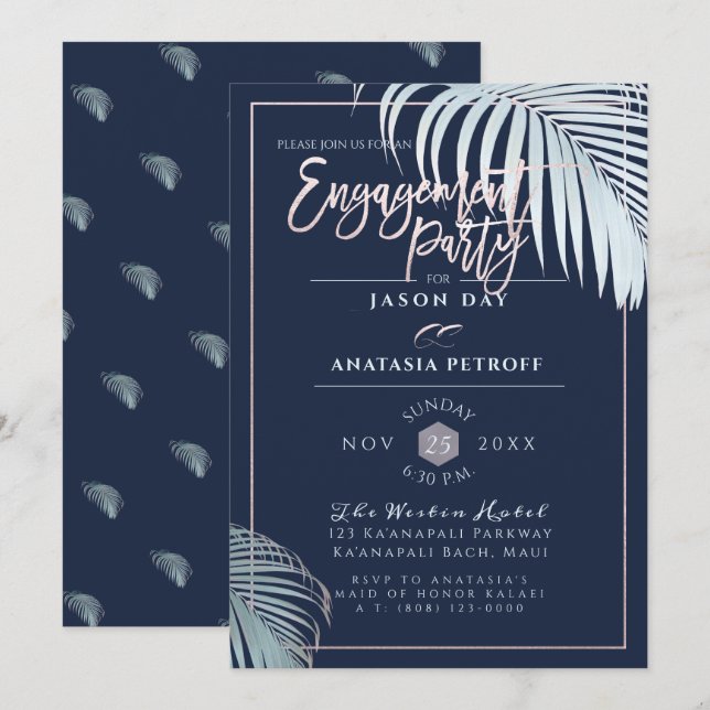 PixDezines Silver Palm Fronds, Engagement Party Invitation (Front/Back)