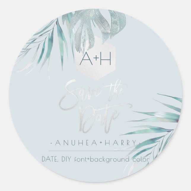 PixDezines Silver Palms Monogram, Save the Date Classic Round Sticker (Front)