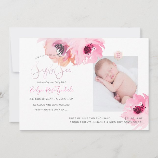 PixDezines SIP+SEE, WATERCOLOR FLOWERS Announcement (Front)