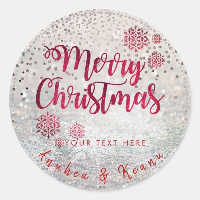 PixDezines Snow Bokeh+Confetti Merry Christmas Classic Round Sticker (Front)