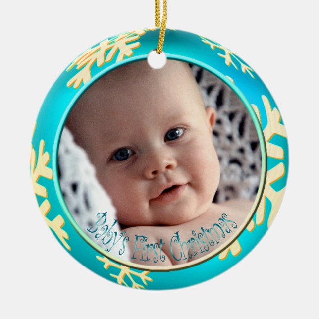 PixDezines Snowflakes Baby's First Christmas Ceramic Ornament (Front)