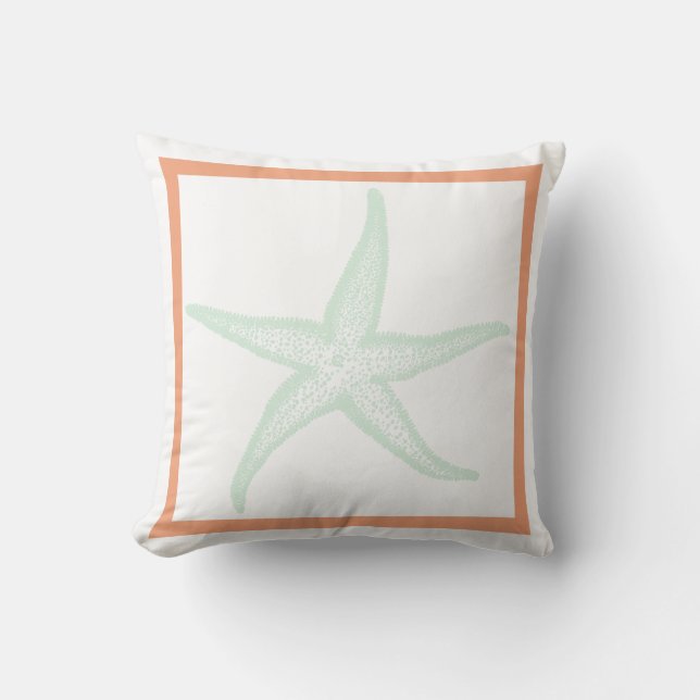 PixDezines starfish/mint green/coral orange Throw Pillow (Front)