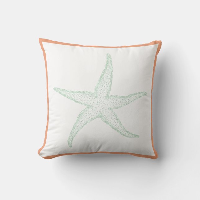 PixDezines starfish, seafoam green+coral orange Throw Pillow (Front)