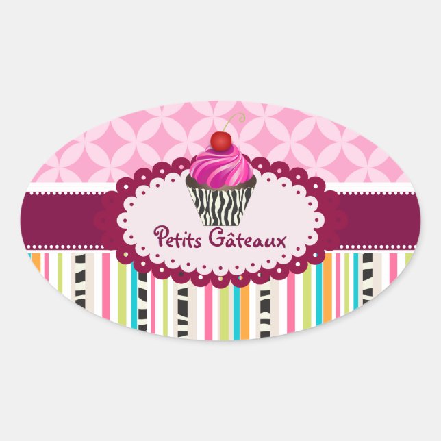 PixDezines stripes+lattice+cupcake/DIY colour Oval Sticker (Front)
