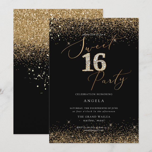 PixDezines Sweet 16 Diamond Glitters Watercolor Invitation (Front/Back)