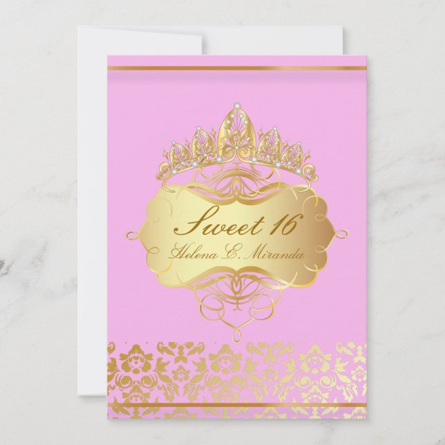 PixDezines Sweet 16/ princess/pink+gold damask Invitation (Front)