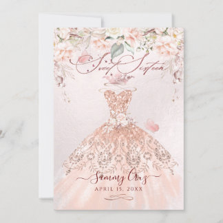 PixDezines Sweet Sixteen Rose Gold Glitter Gown Invitation