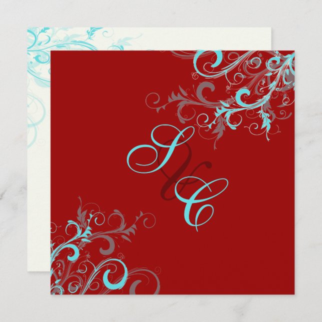 PixDezines Swirls, Aqua + Red + Ecrue Invitation (Front/Back)