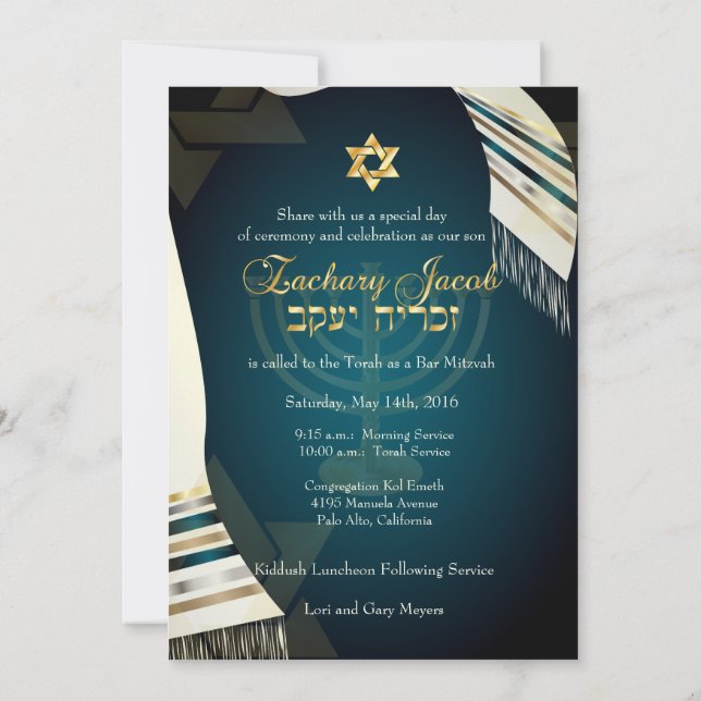 PixDezines Tallit Bar Mitzvah/Teal/Gold Invitation (Back)