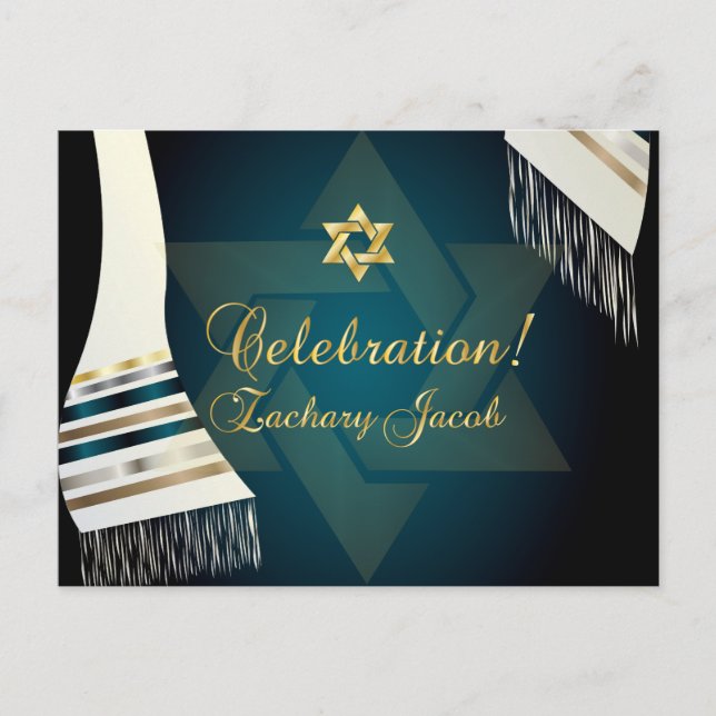 PixDezines Tallit Mitzvah Celebration/Teal Green Invitation Postcard (Front)