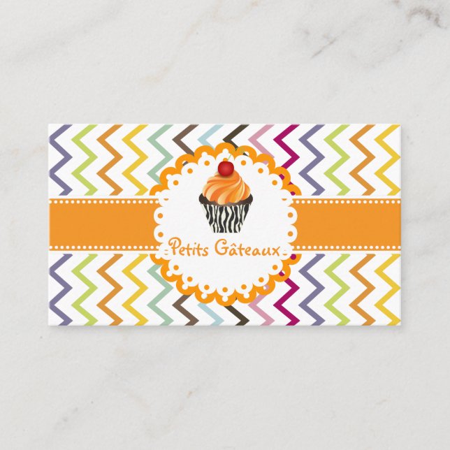 PixDezines tangerine swirls cupcake+chevron Business Card (Front)