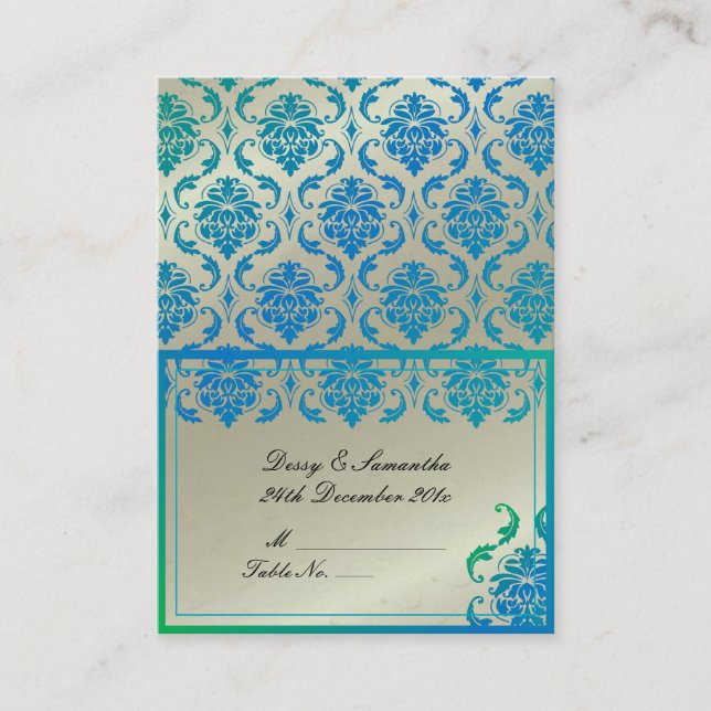 PixDezines Teal Vendome Damask Tent Place Card (Front)