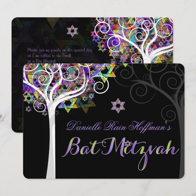 PixDezines tree of life Bat Mitzvah/chalkboard Invitation (Front/Back)