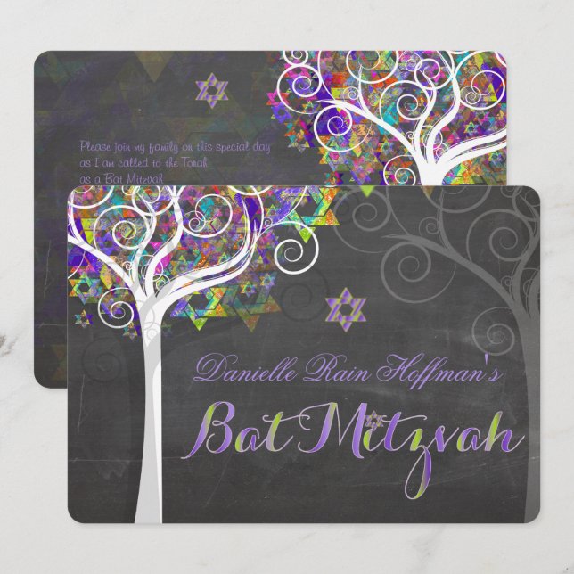 PixDezines tree of life Bat Mitzvah/chalkboard Invitation (Front/Back)