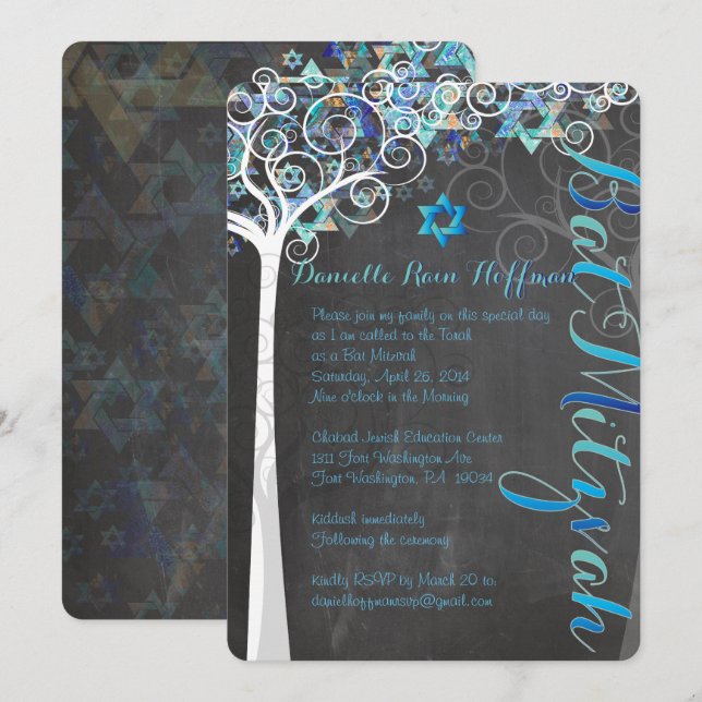 PixDezines Tree of Life Bat Mitzvah/chalkboard Invitation (Front/Back)