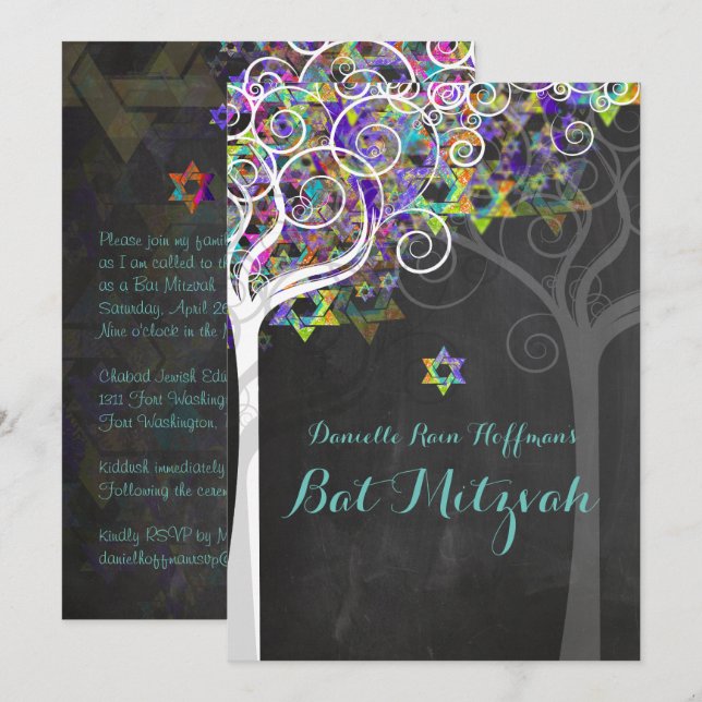 PixDezines tree of life Bat Mitzvah/chalkboard Invitation (Front/Back)
