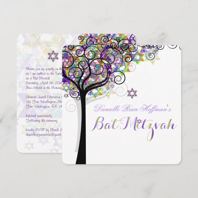 PixDezines TREE OF LIFE BAT MITZVAH/PURPLE+PINK Invitation (Front/Back)