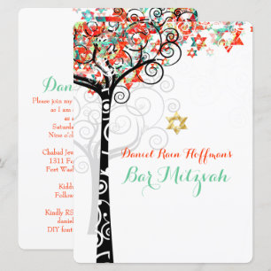 PixDezines tree of life mitzvah/Mint Green/Orange Invitation
