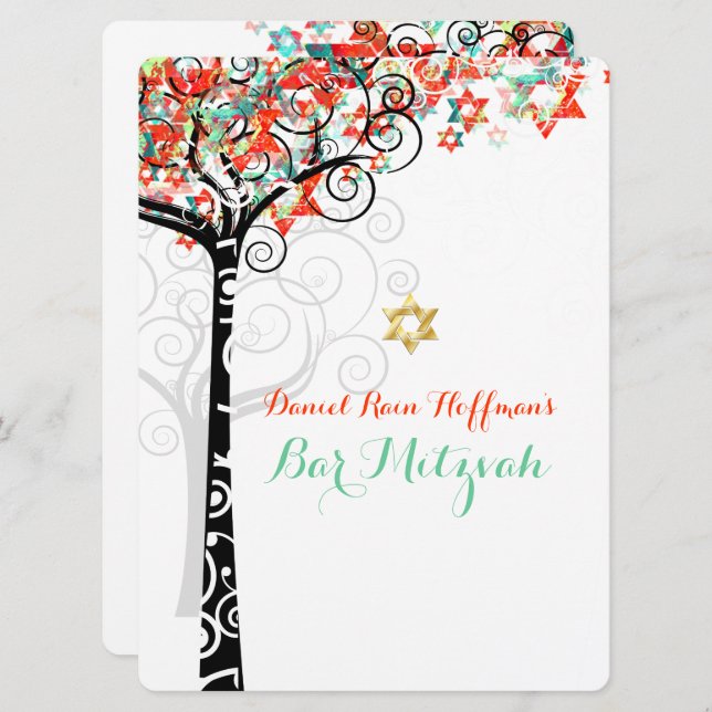 PixDezines tree of life mitzvah/teal/orange Invitation (Front/Back)