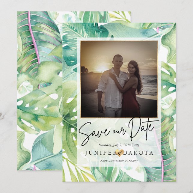 PixDezines Tropical Greenery Save our Date Invitation (Front/Back)
