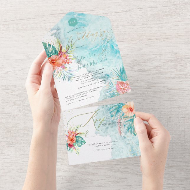 PixDezines Tropical Paradise Beach Flowers Foliage All In One Invitation (Tearaway)