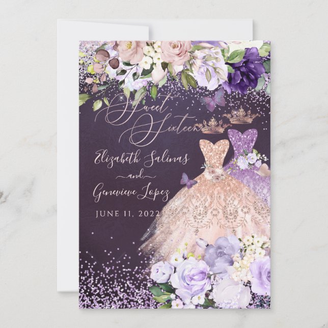 PixDezines Twins Sweet 16 Rose Gold Dusty Purple I Invitation (Front)