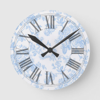 PixDezines Vintage Blue Roses Toile Round Clock