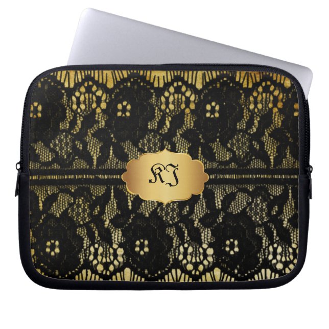 PixDezines vintage faux black lace Laptop Sleeve (Front)