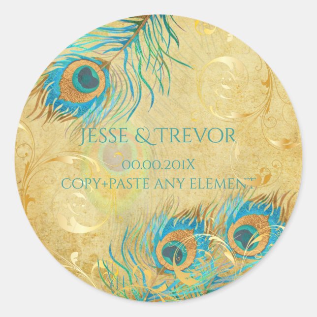 PixDezines VINTAGE FAUX GOLD PEACOCK FEATHER Classic Round Sticker (Front)