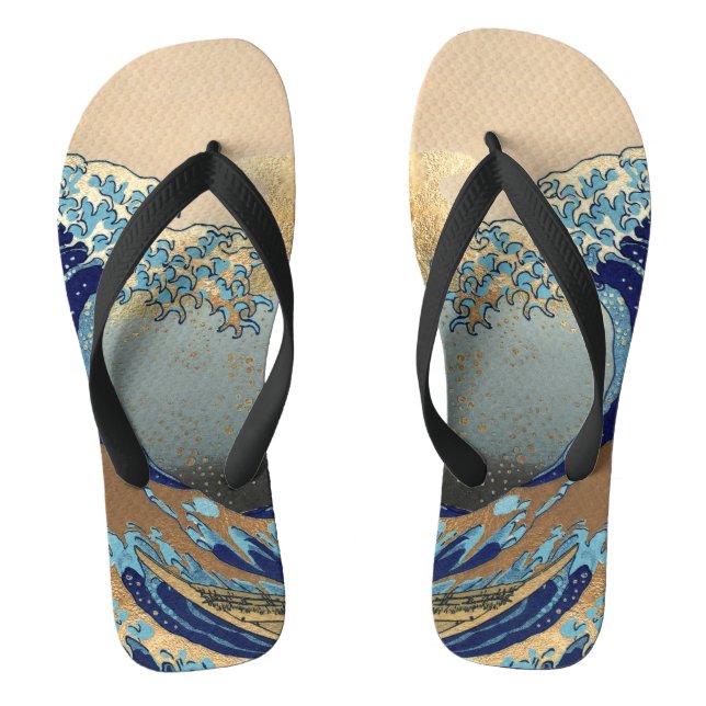 PixDezines Vintage, Great Wave, Hokusai 葛飾北斎の神奈川沖浪 Flip Flops (Footbed)