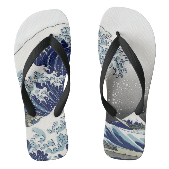 PixDezines Vintage, Great Wave, Hokusai 葛飾北斎の神奈川沖浪 Flip Flops (Footbed)