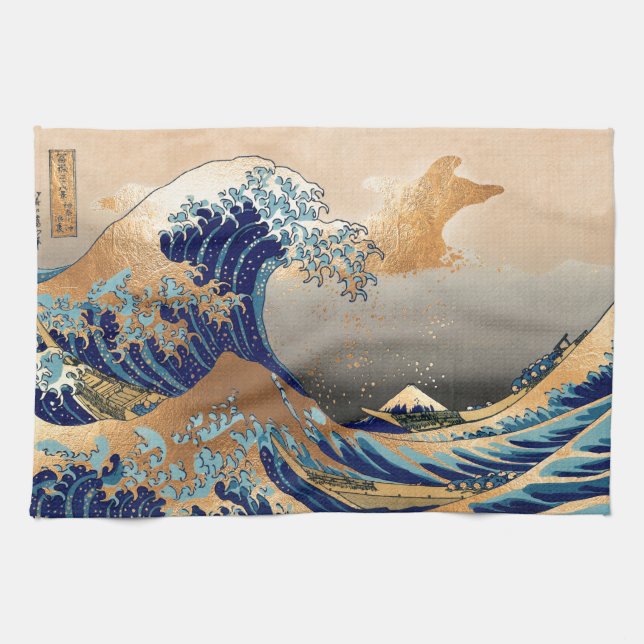 PixDezines Vintage, Great Wave, Hokusai 葛飾北斎の神奈川沖浪 Kitchen Towel (Horizontal)