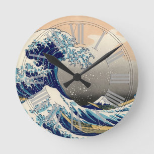 PixDezines Vintage, Great Wave, Hokusai 葛飾北斎の神奈川沖浪 Round Clock