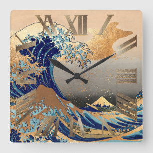 PixDezines Vintage Great Wave Hokusai 葛飾北斎の神奈川沖浪 Square Wall Clock