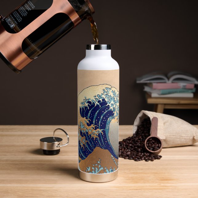 PixDezines Vintage, Great Wave, Hokusai 葛飾北斎の神奈川沖浪 Water Bottle (Coffee)