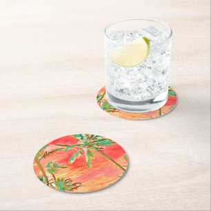 PixDezines Vintage Hawaiian Beach/Coral/Teal Round Paper Coaster