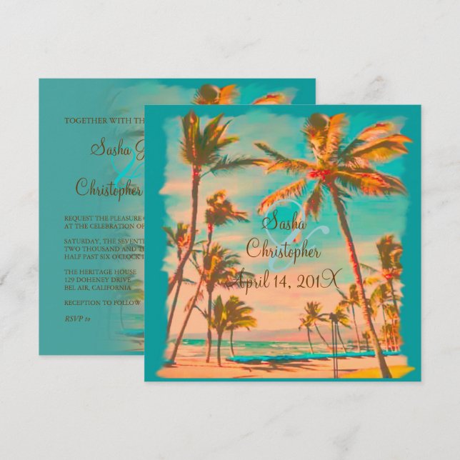 PixDezines VINTAGE HAWAIIAN BEACH/DIY Colour Teal Invitation (Front/Back)