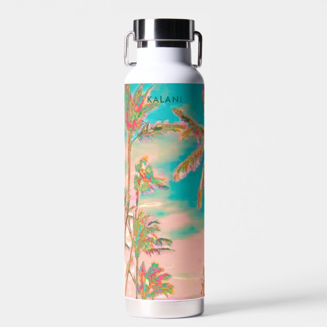 PixDezines Vintage Hawaiian Beach/Pink/Teal Water Bottle (Front)