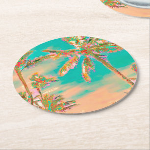 PixDezines Vintage Hawaiian Beach/Teal Round Paper Coaster