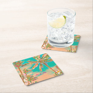 PixDezines Vintage Hawaiian Beach/Teal Square Paper Coaster