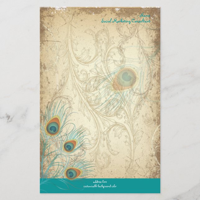 PixDezines vintage peacock, SEO/DIY colour Stationery (Front)