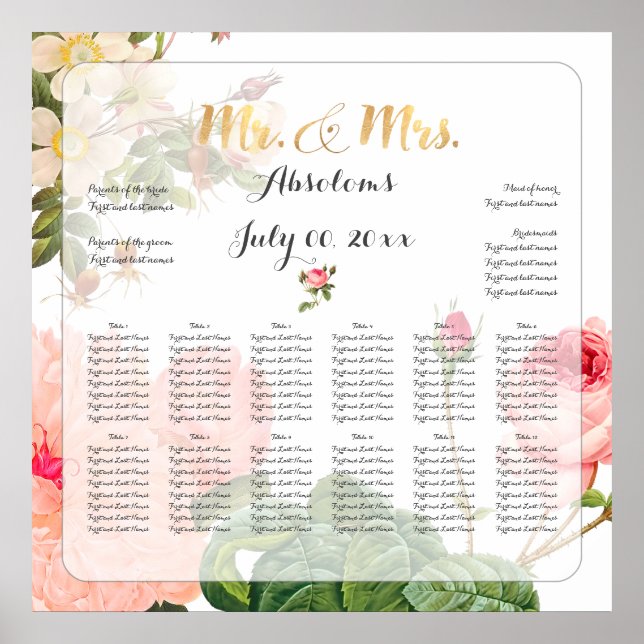 PixDezines Vintage Roses Seating Chart (Front)