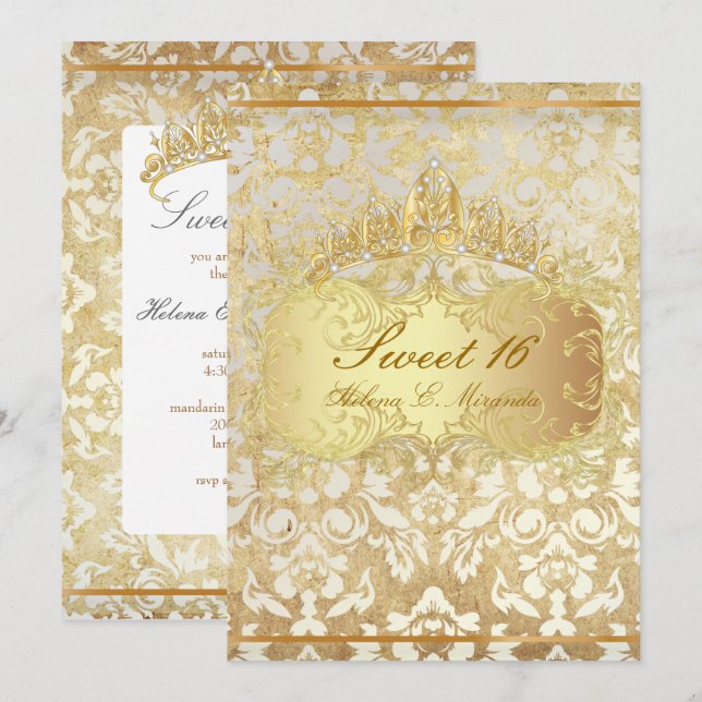 PixDezines vintage Sweet 16/ princess/pearl damask Invitation (Front/Back)